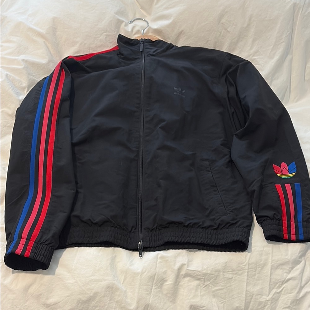 Adidas Black Windbreaker Jacket with Red Pink and Blue Stripes
